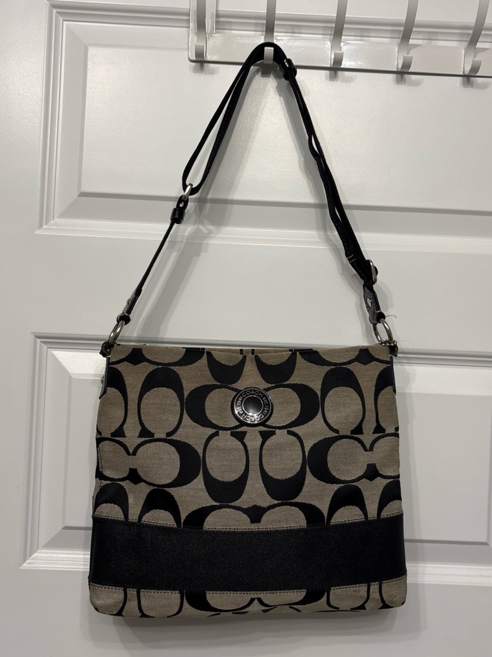 Coach Signature Stripe File Crossbody Shoulder Bag Black Beige Monogram
